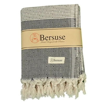 Image of Bersuse 100% Cotton Hierapolis XXL Throw Blanket Turkish Towel Black XL