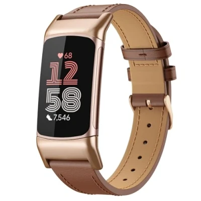 Image of MoKo Leather Strap Compatible with Fitbit Charge 6/Fitbit 5 for Women Men, Genuine Watch Band Replacement Wristband, Brown
