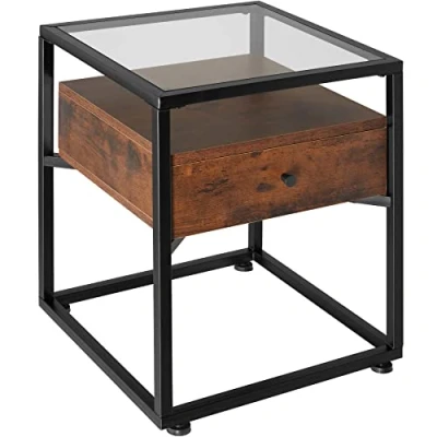 Image of TecTake nightstand Preston Minimalist glass topped bedside table with two shelves and drawer 801088 (Dark Wood)