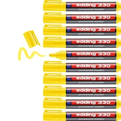 Image of edding 330 permanent marker yellow 10 pens chisel tip 1 5 mm waterproof, quick drying, smear proof for cardboard, plastic, glass, wood, metal and fabric
