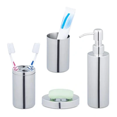 Image of Relaxdays 4 Piece Bathroom Accessory, Polished Stainless Steel, Complete Toilet Set, Modern Design, Silver, 10.5 x 6.5 cm