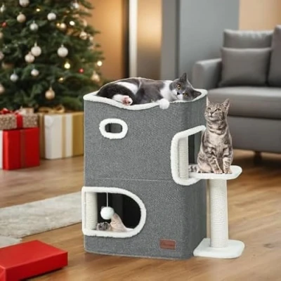 Image of YITAHOME Cat Cave, Beds for Indoor Cats, House with Scratching Post &amp; Ball Platform, Bed, Basic Tree, Cute Tower, Furniture, Hideaway, Condo (Blue)