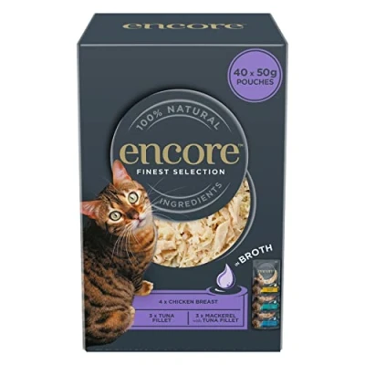 Image of Encore 100 Percent Natural Wet Cat Food Pouch, Chicken and Fish Selection in Broth, 50g Pouch (Pack of 40 pouches)