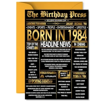 Image of Gold 41st Birthday Card for Men Women Black &amp; Golden Newspaper Born in 1984 Happy 41 Cards Husband Auntie Wife Nephew Dad Niece, A5 Bday Greeting
