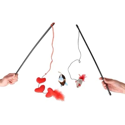 Image of DINGO Cat Toys Set: Love Wand with Hearts and Catnip, Mouse Feathered Tail, Skiing Toy 3 Bells, Soft Attractive Textures for Cats (Z30035)