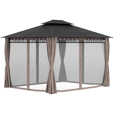 Image of Outsunny 3.6 x 3m Polycarbonate Gazebo Hard Top with Nettings &amp; Curtains