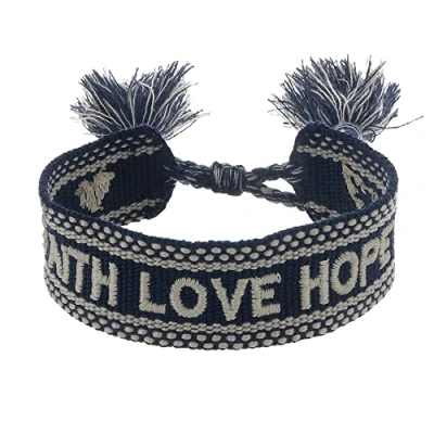 Image of Angel Whisperer Women&#039;s Bracelet Made of Polyester and Cotton in Black Beige with Faith Love Hope Embroidery Cord Closure Adjustable Size, 15,5 25 cm, Wool, No Gemstone
