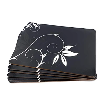 Image of Sets of 6 Black Vivienne Cork Placemat Set, Floral Backed Placemats, &amp; Kitchen Protector Mats for Decoration, Heat Resistant Coating Board Base Placemats