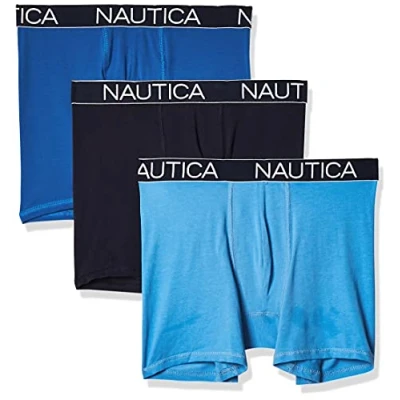 Image of Nautica Men&#039;s 3 Pack Classic Underwear Cotton Stretch Boxer Brief, Peacoat/Sea Cobalt/Aero Blue, S