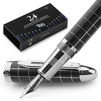 Image of Wordsworth &amp; Black Majesti Fountain Pen (Checked), Luxury Case, Chrome Finish, Iridium Medium Nib Ink Cartridges, Refillable Converter Calligraphy Best Business Gift Set for Men Women