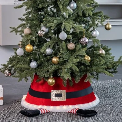 Image of Taylor &amp; Brown LED Santa Christmas Tree Skirt Santa&#039;s Belt Design Red Festive Stand Base Xmas Collar Basket Cover Decoration Tidy Home Décor 56 x 25cm