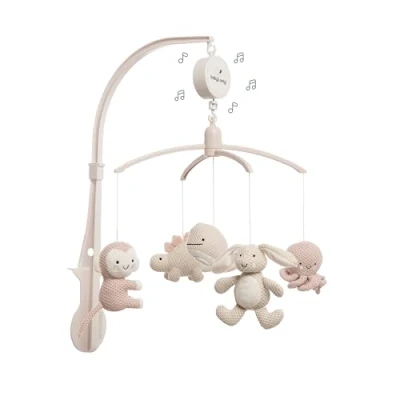 Image of Baby&#039;s Only Musical Mobile Baby Animals with Knitted Figures Music Box Easy to Attach for Girls Old Pink/Warm Linen