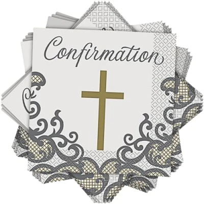 Image of Fancy Gold Cross Confirmation Luncheon Napkins (16cm) Elegant &amp; Stunning Design Perfect for Religious Celebrations Events 16ct