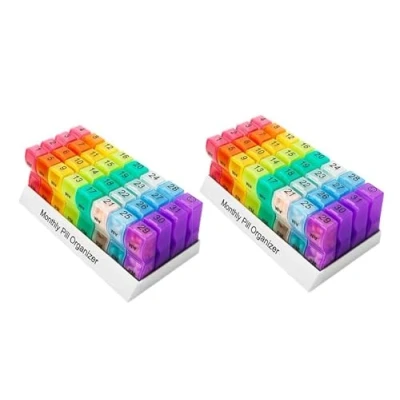 Image of 2Pack Monthly Pill Box Organiser 2 Times A Day Am Pm Medicine with 32 Compartments 31 Organizer for Pills Medication Tablets