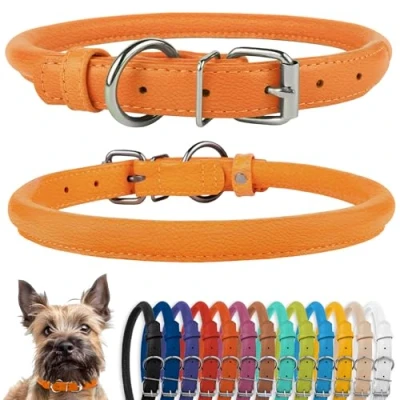 Image of CollarDirect Rolled Leather Dog Collar, Soft Padded Round Puppy Handmade Genuine Collar Small Large Cat Collars Black Pink Red Purple Blue (Fits 7&quot; 9&quot; Neck, Orange)