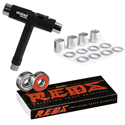Image of Bones Reds Bearings for [Skateboards, Longboards, Scooters, Spinners] (8 Pack (w/Dragon Spacers, Washers &amp; Stoked Tool))