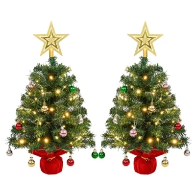 Image of Uten 2Pcs Mini Christmas Tree, 2ft/60cm Desktop Small Tree with 50 LED Light Strings, 56 Balls, 2 Golden Topper Star and Red Base for Decoration