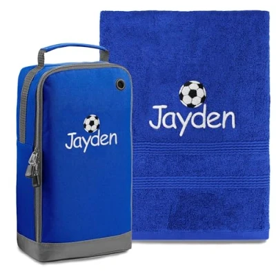 Image of TeddyT&#039;s Personalised Football Embroidered Hand Towel &amp; Boot Bag Sports Set (Royal Blue)