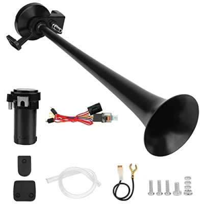 Image of Brynnl 12V 125db Air Horn, 45cm Zinc Alloy Single Trumpet Truck Horn with Compressor Horns Kit Speaker Super Loud Any Vehicles Trucks Lorrys Trains Boats Cars