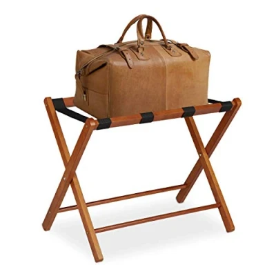 Image of Relaxdays Wooden Luggage Rack, Foldable Suitcase Storage Stand, Hotels &amp; Travelling, HxWxD: 54.5 x 66 44 cm, Natural, Polyester