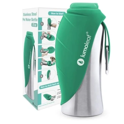 Image of LumoLeaf Portable Dog Water Bottles 800ml, Stainless Steel Pet Travel Bottle Dispenser for Walking, Hiking and Outdoor, Bowl Large Dogs (Green)