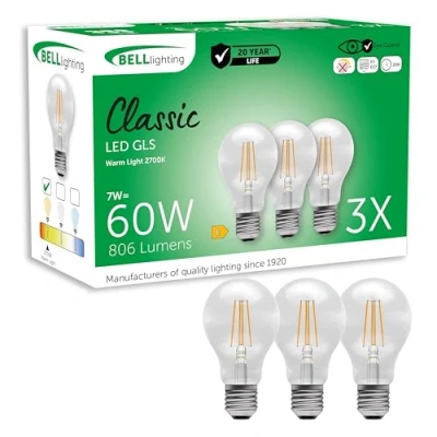 Image of Bell Lighting E27 Edison Screw Cap Filament Light Bulb LED GLS 3 Pack Warm White 2700K 810 Lumen 7 Watts Energy Saving 60W Halogen Lamp Equivalent Non Dimmable