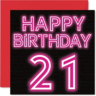 Image of Fun 21st Birthday Cards for Men Woman Neon Glow Happy Card Son Daughter Brother Sister Grandson Granddaughter Niece Nephew Uncle, 145mm x Greeting Cards,