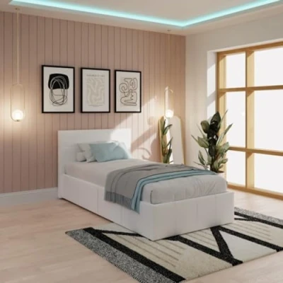 Image of GFW Classic Leather Upholstered Ottoman Storage Bed With Gas Side Lift &amp; Under Storage, Single, White
