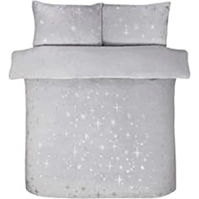 Image of Sleepdown Scattered Stars Luxury Foil Fleece Silver Plain Reverse Warm Soft Cosy Duvet Cover Quilt Bedding Set with Pillowcases King (230cm x 220cm)
