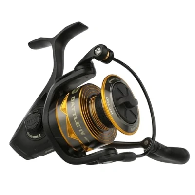 Image of PENN Battle IV Spinning Reel, Saltwater Angler Fishing Sea Fish Lure &amp; Bait, Bass, Pollack, Cod, Mackerel, Wrasse, Aluminum Spool, Robust Ambidextrous 4000 Reel Size 6.2:1 Gear Black, Gold Smoke