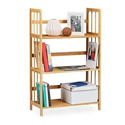 Image of Relaxdays Bamboo Freestanding Bookcase with 3 Shelves, HxWxD: 91 x 57 32 cm, Narrow Rack, Bathroom Storage Unit, Bookshelf, Natrual Brown