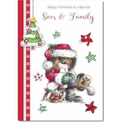 Image of doodlecards Son and Family Christmas Card Cute Bear Large A4 Size for &amp; with Plain Envelope