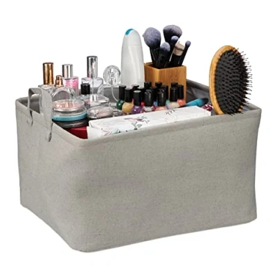 Image of Relaxdays Storage Basket, Folding, Box for Shelves, 30 x 48 38 cm, Bathroom Organiser with Handles, Fabric, Grey, Polyester