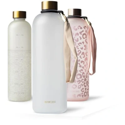 Image of MAMEIDO 1.5l water Bottle Motivational Time Markings, BPA free, Leak Proof, Tritan Co Polyester Plastic, 1.5 litre bottle, Sports (Frosted White Gold, 1500ml)