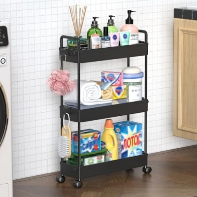 Image of SOLEJAZZ 3 Tier Storage Trolley Cart Slide out Slim Rolling Utility Mobile Shelving Organizer for Kitchen, Bathroom, Laundry Room, Bedroom, Narrow Places, Plastic, Black