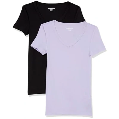 Image of Amazon Essentials Women&#039;s Slim Fit Short Sleeve V Neck T Shirt, Pack of 2, Black/Lavender, M