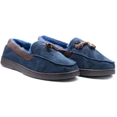 Image of Mens Moccasins Loafers Faux Suede Sheepskin Fur Lined Winter Slippers Shoes Size Navy 3