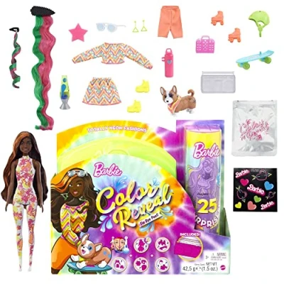 Image of ​Barbie Color Reveal Totally Neon Fashions Doll with Orange Streaked Brunette Hair &amp; 25 Surprises Including Change, Gift for Kids