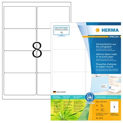 Image of HERMA Self Adhesive Recycling Labels, 8 Labels per A4 Sheet, 80 Sheets, 99.1 x 67.7 mm, 640 100% Recycled Paper Stickers, Sticky for Laser &amp; Inkjet Printer, Natural White