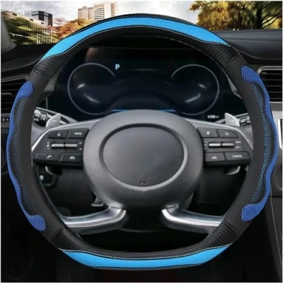 Image of D Cut Steering Wheel Cover Shaped Flat Bottom Microfiber Leather Anti Skid Breathable Fit 14.5&quot; 15&quot; (blue)