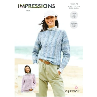 Image of Stylecraft Impressions Aran Knitting Pattern 10009 Ladies Sweaters