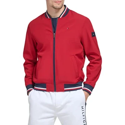 Image of Tommy Hilfiger Men&#039;s Lightweight Varsity Rib Knit Bomber Jacket Shell, Red, 3XL