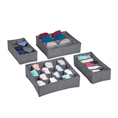Image of Relaxdays Underwear Set, 4 Piece Wardrobe Organisation, Drawer Dividers for Socks, Bras and Ties, Dark Grey, 9 x 32 cm