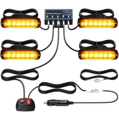 Image of Justech 4x6LEDs Strobe Lights Amber Hazard Warning Beacon Emergency Flashing with Main Control Box 12V 24V Universal for Car Vehicle Truck Trailer Caravan Camper Van