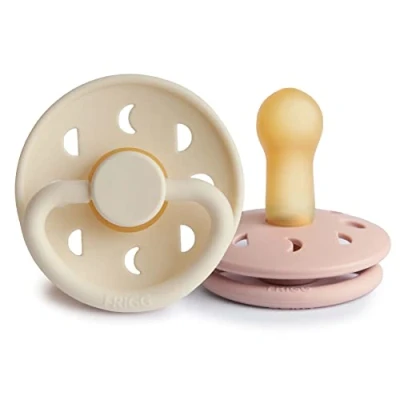 Image of FRIGG Moon Phase Latex Pacifier Pack of 2 Natural Rubber Soother Dummy BPA Free Made in Denmark Symmetrical Cherry Shaped Nipple (Blush/Cream, Size (6 18 Months))