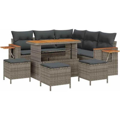 Image of vidaXL 9 Piece Garden Sofa Set with Cushions Grey Poly Rattan Acacia
