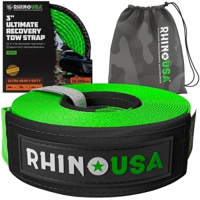 Image of Rhino USA Recovery Tow Strap (7.6 cm x 9.1 m) 13,600 kg Break Strength Emergency Rope for Truck, UTV, ATV &amp; More Heavy Duty Towing Offroad 4X4 Use Green