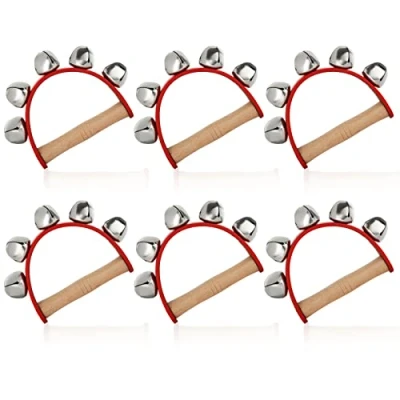 Image of AKOLAFE 6PCS Sleigh Bells Instrument, Red Jingle Instrument with 5 Steel Jingles, Wooden Handle Musical Bells, Leather Strap Music for Christmas, Valentines, Crafts Decor