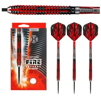 Image of Harrows Fire Inferno 90% Tungsten Steel Tip Darts Set 22g, 23g &amp; 24g Includes Red Supergrip Ignite Shafts stunning new 100 Micron Flights