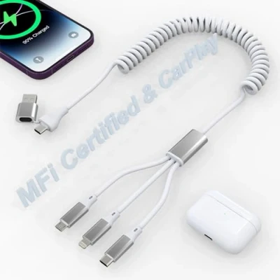 Image of Coiled USB C to Lightning Cable for Apple Carplay(No Support iPhone 15/Android Auto),MFi Certified 3 in 2 A/C Multi Charging Compatible Lightning/Type C/Micro 14 13 12 11